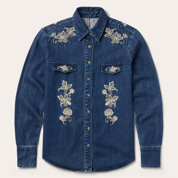denim and flower dress shirt Womens Flower Embroidered Denim Shirt Billy T Denim / XL