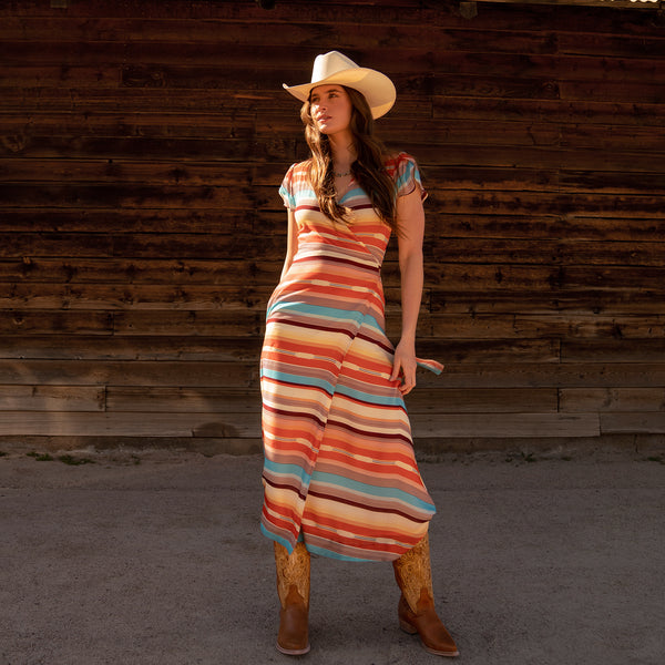 Sunset Serape Print Rayon Herringbone Wrap Front Dress Stetson