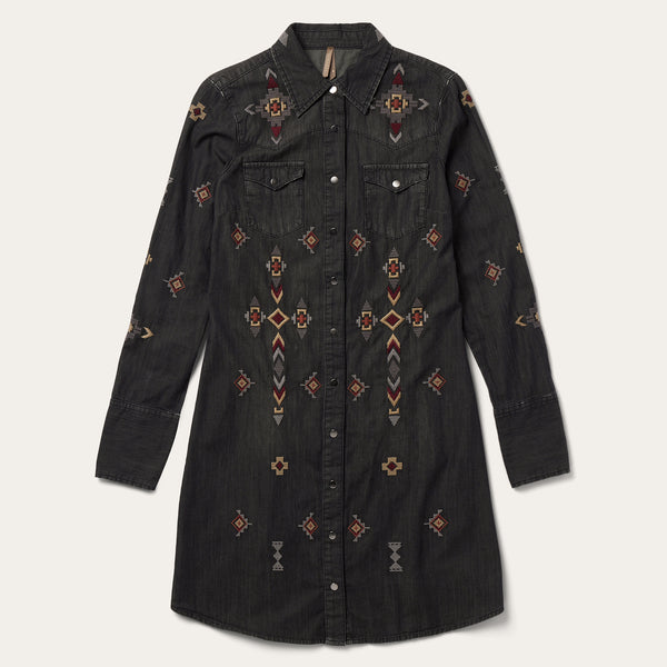 Embroidered Black Denim Shirt Dress