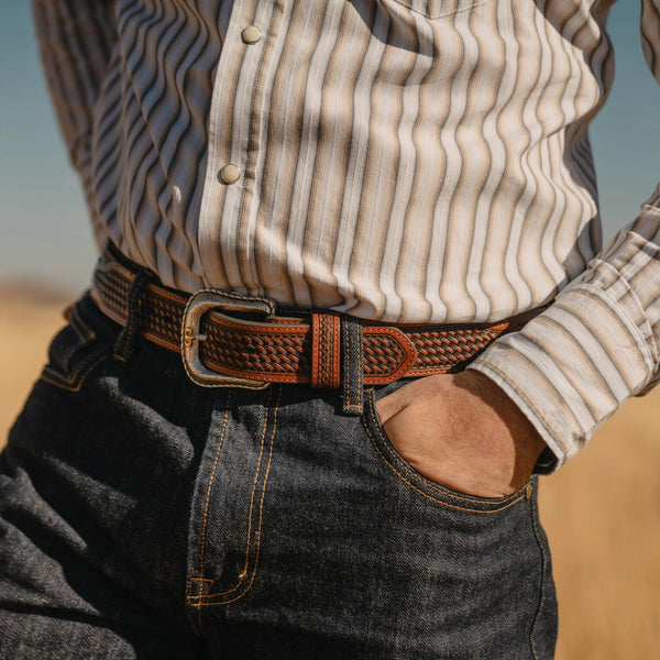 Pebble Leather Basket Weave Tabs Belt Stetson
