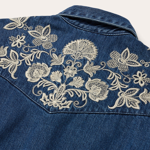 denim and flower dress shirt Womens Flower Embroidered Denim Shirt Billy T Denim / XL