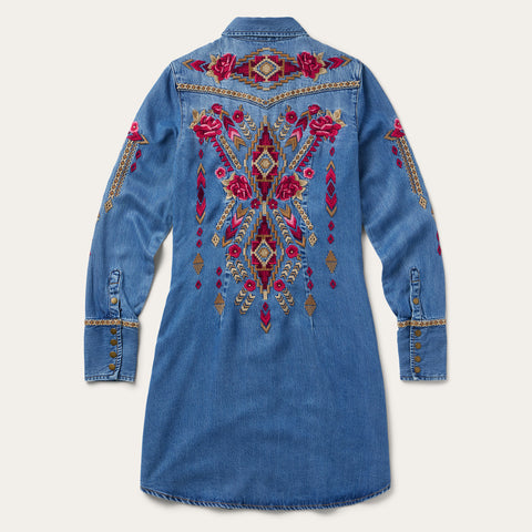 Stetson Women's Medium Wash Long Sleeve Embroidered Snap Denim Mini Dr Stetson Women's Medium Wash Long Sleeve Embroidered Snap Denim Mini Dr
