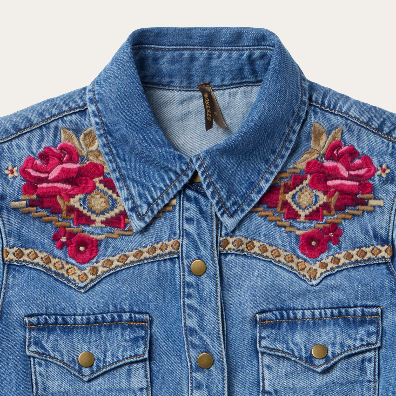 Stetson Women's Medium Wash Long Sleeve Embroidered Snap Denim Mini Dr Stetson Women's Medium Wash Long Sleeve Embroidered Snap Denim Mini Dr