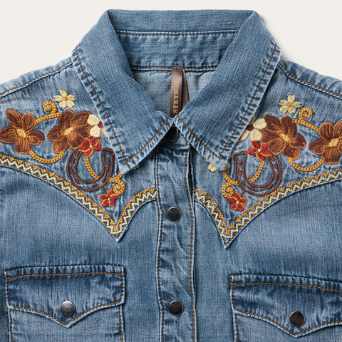 western embroidered dress Roper Women's Black Retro Twill Embroidered Yoke Western Shirt Dress 0040-0763