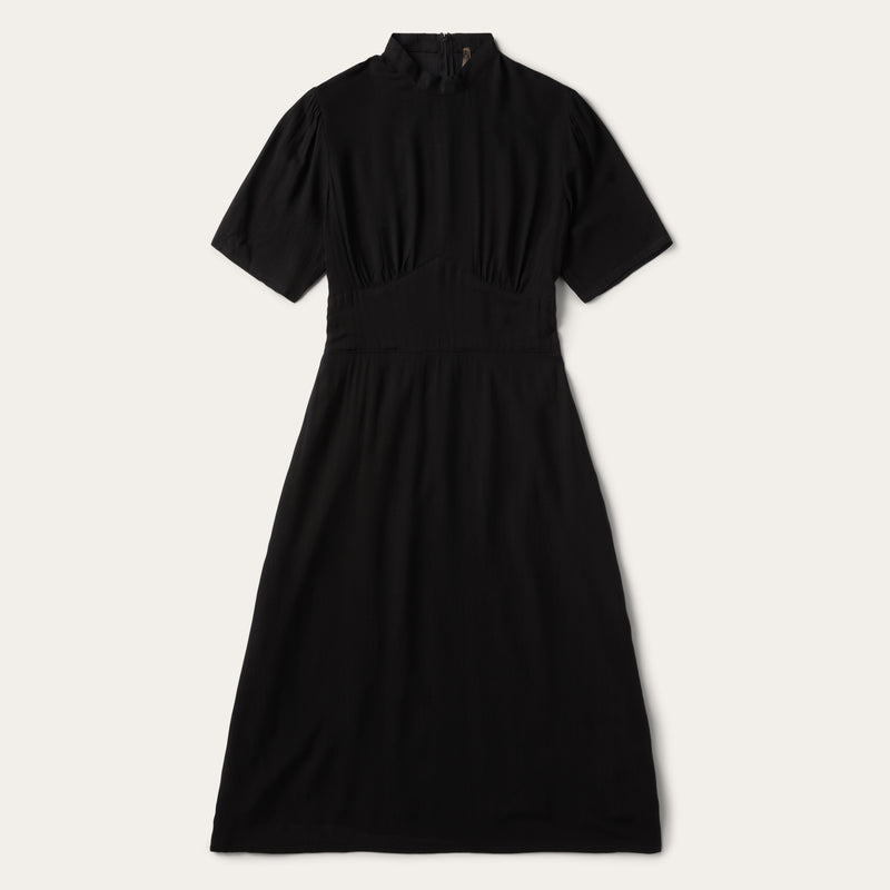 Black Herringbone Twill Midi Dress