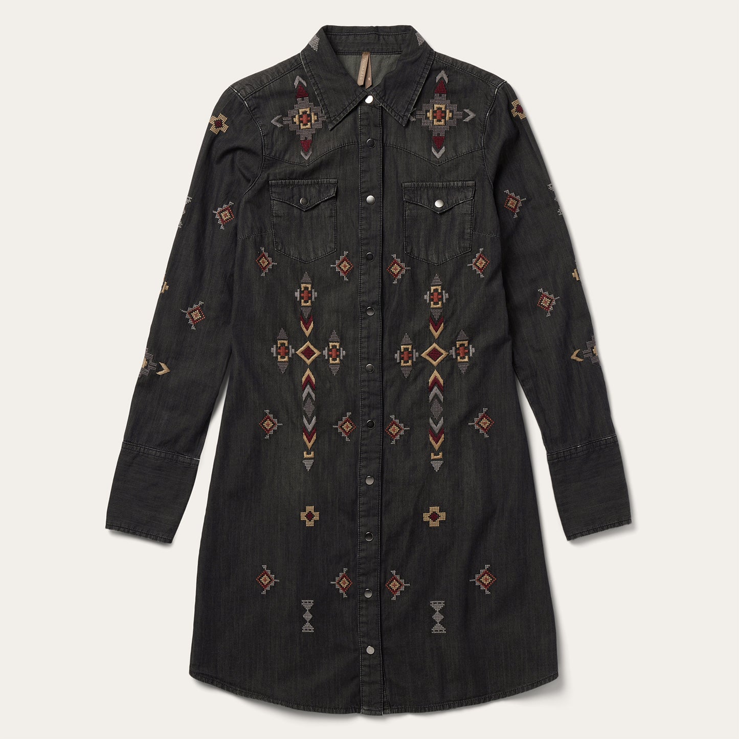 Embroidered Black Denim Shirt Dress