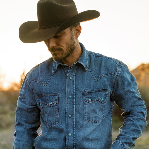 Stetson Long Sleeve Denim Western Shirt With Embroidery - Blue - Men's  Western Shirts | Spur Western Wear